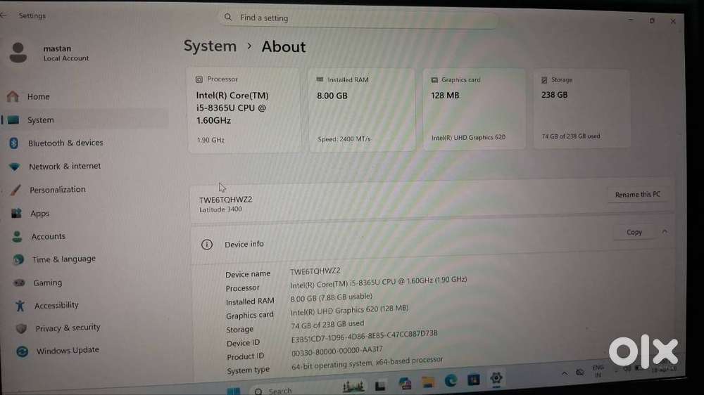 Dell laptap 8gb ram 256 ssd