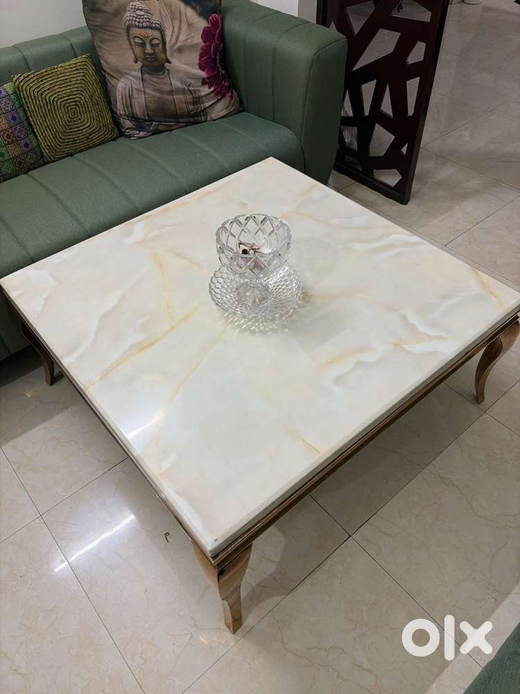 Luxury Cream Marble Centre Table with Gold-Tone Legs | 3.5 by 3.5 ft