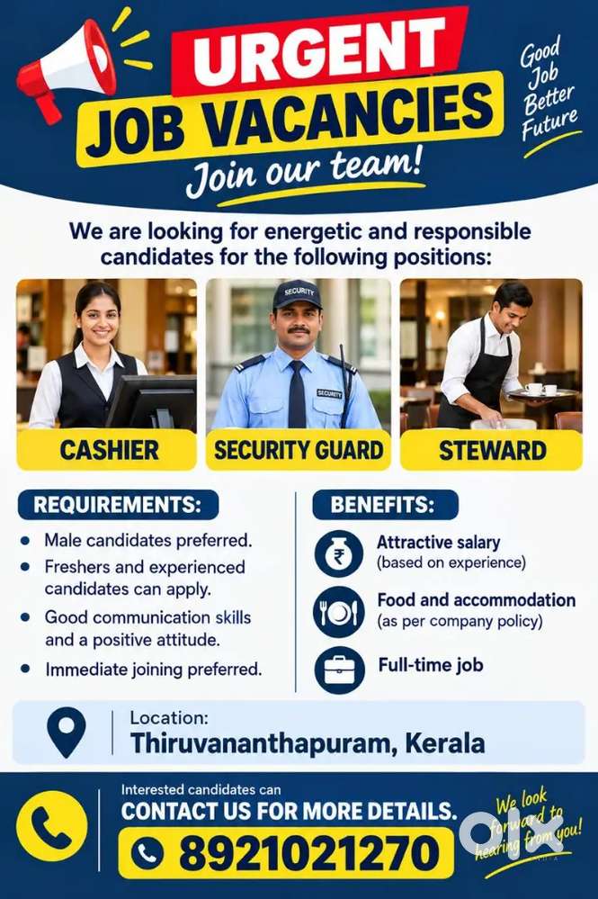 Cashier,vada maker, security gard,steward