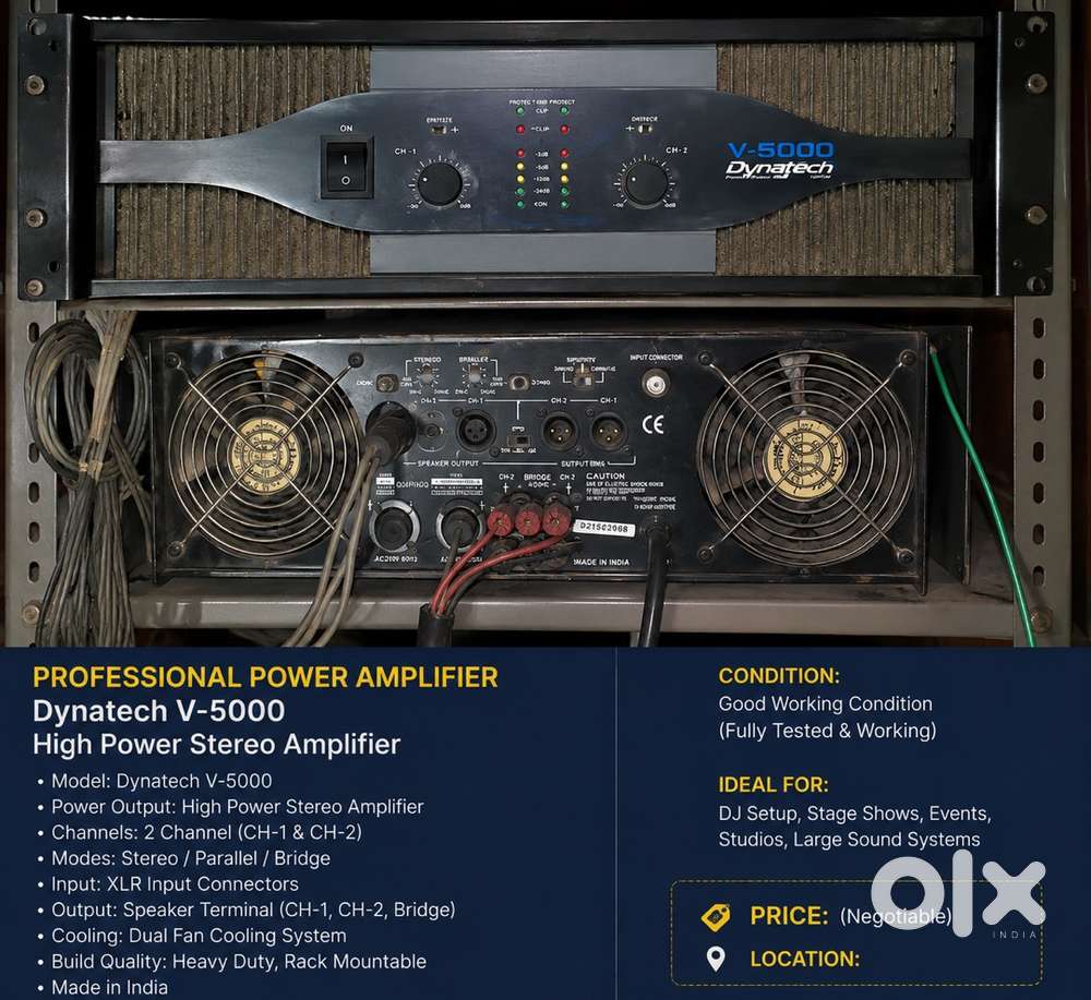 Dynatech V-5000 Professional Power Amplifier  2 Channel  Heavy Duty
