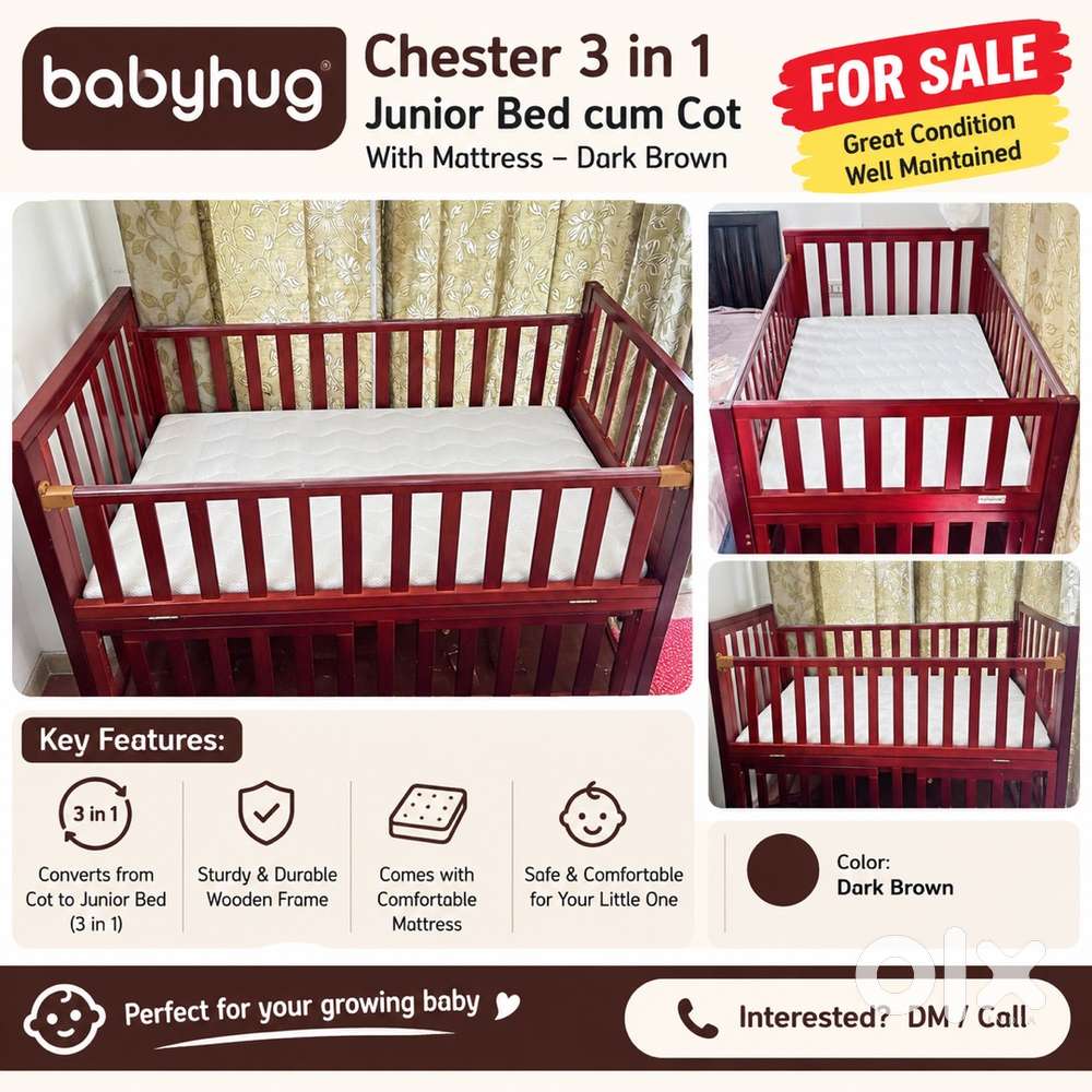 Babyhug Chester 3 in 1 Junior Bed cum Cot With Mattress- Dark Brown