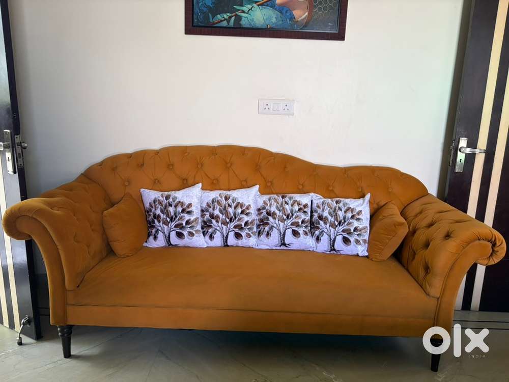 Mustard color 3-seater velvet deigner sofa with 6 cushions