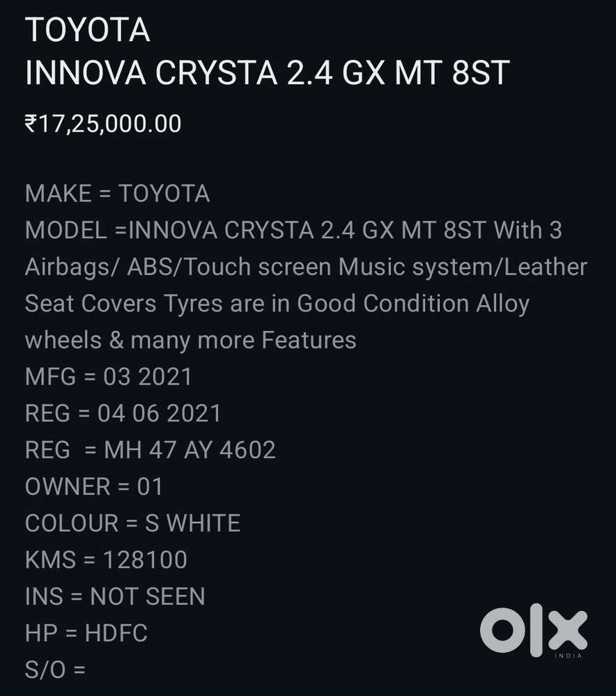 Toyota Innova Crysta [2020-ongoing] 2.4 Gx 8 Str, 2021, Diesel