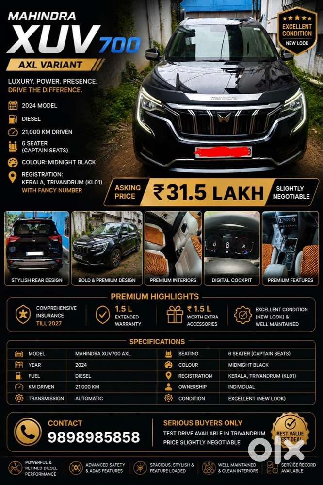 Xuv 700axl/ 2024 Model / 6 Seater/ Excellent Condition/ Kl01 Fancy Num