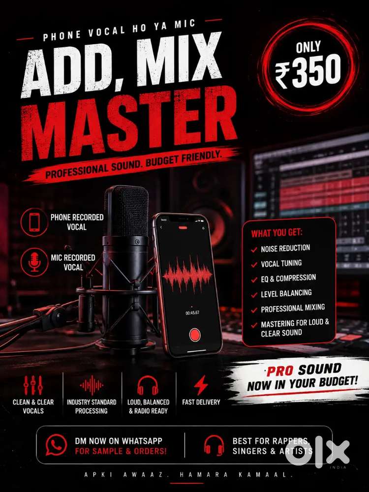 Professional Song Mixing & Mastering  Phone/Mic Vocal  ₹350