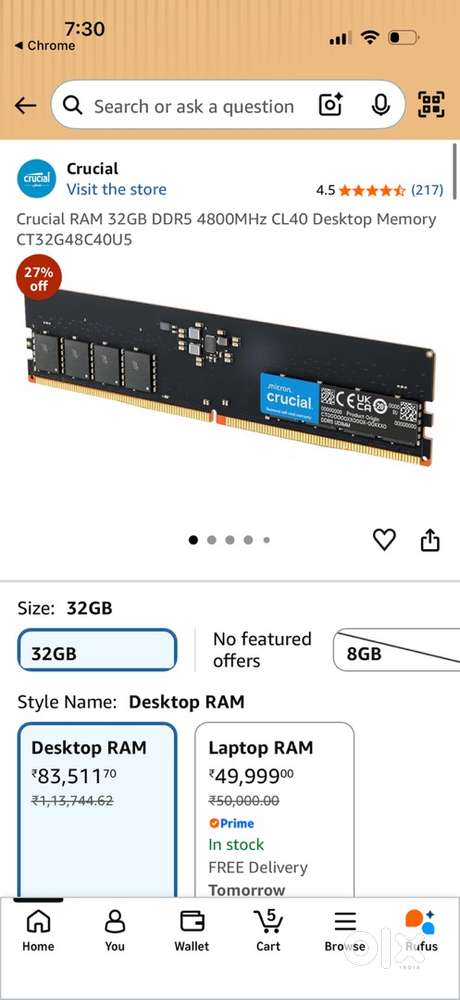 Crucial Desktop RAM 32GB DDR5 4800MHz