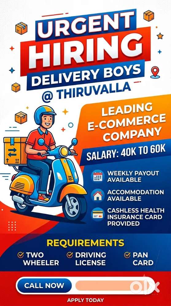 Urgent Hiring Delivery boys Thiruvalla