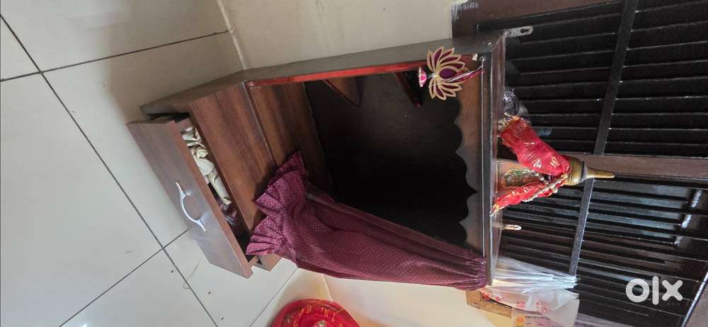 Premium Wooden Home Mandir (3 Ft Height) with Drawer & Curtain