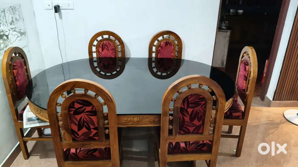 Pure Teak Wood Dining Table Set (6-Seater) with Glass Top.