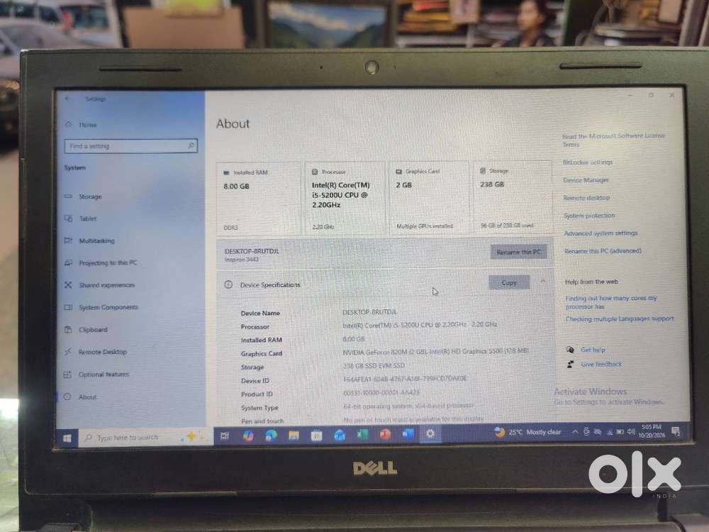 Dell laptop i5 8gb ram(self inserted) 238gb rom(expandable)