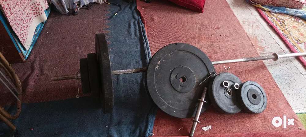 45 weight plates with long chest rod 2 plugs and 2 g free dumble