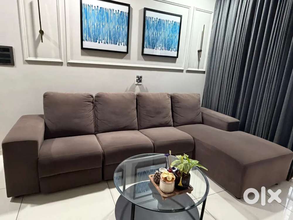 3+1 L-Shape Sofa with Electronic Recliner | Brown Fabric | ₹30,000