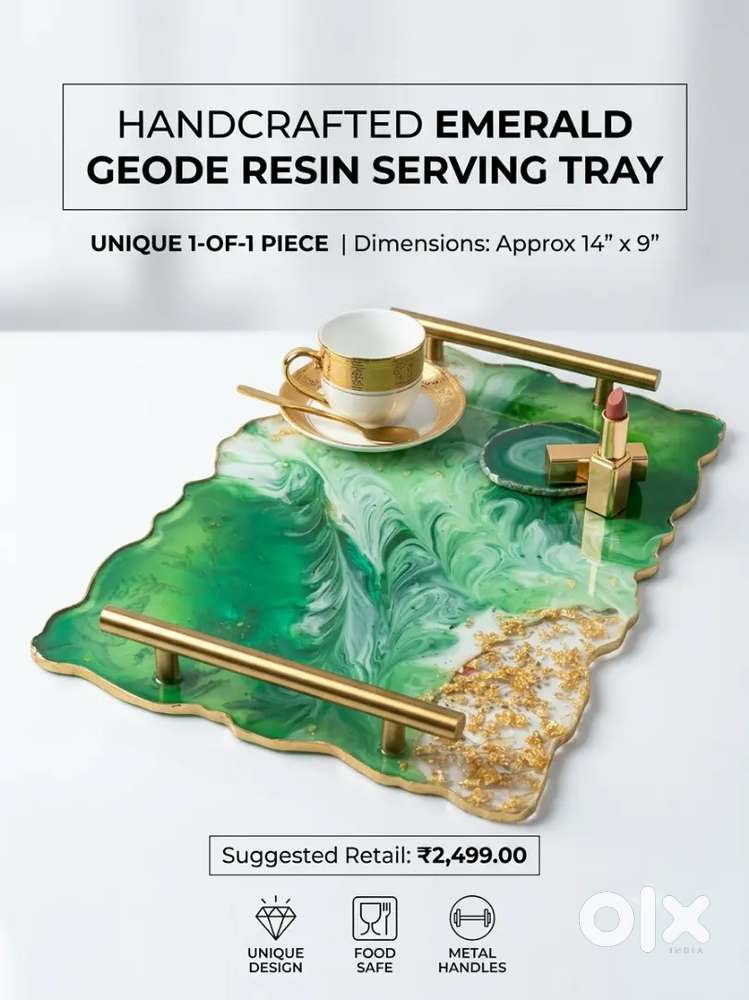Emerald Elegance: Handcrafted Geode Resin Serving Tray with Gold Handl