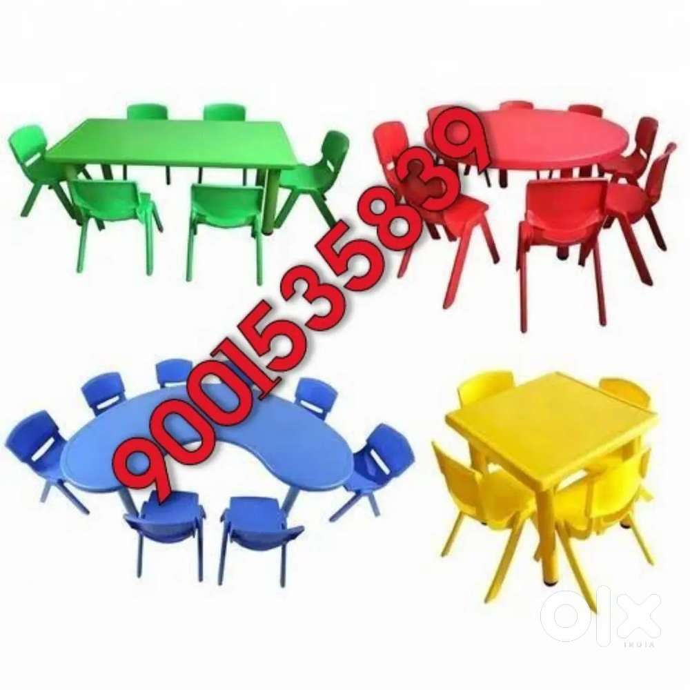 New plastic half moon table with six chair play school furniture Kids
