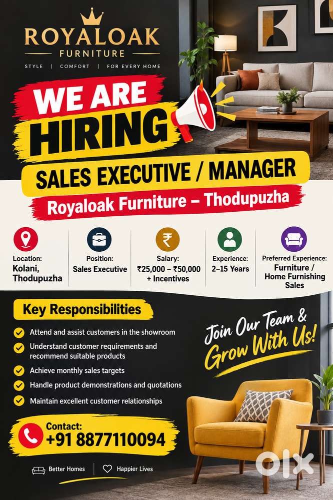 WE ARE HIRING &ndash; SALES EXECUTIVE / MANAGER at ROYALOAK, THODUPUZHA