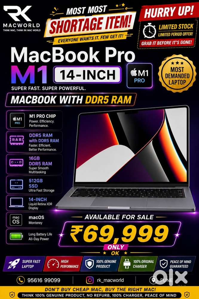 Apple MacBook M1 Pro Chip 16GB DDR5 RAM 512 SSD  14 Inches -In Warran
