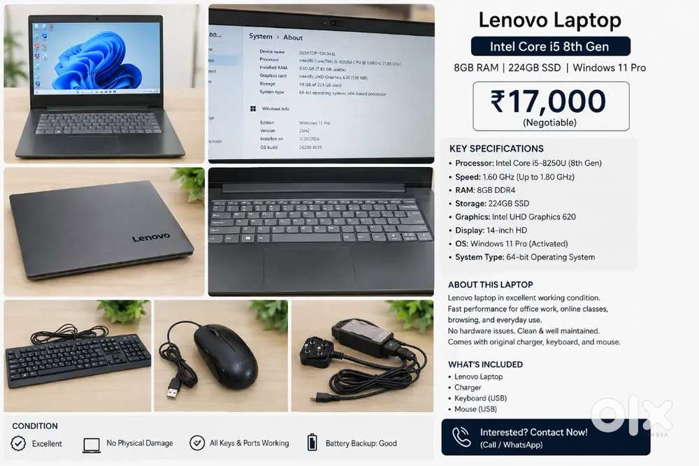 Lenovo Laptop Core i5 8th Gen  8GB RAM  224GB SSD  Windows 11