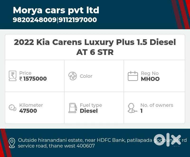 Kia Carens 1.5 Luxury Plus Diesel At 6 Str, 2022, Diesel
