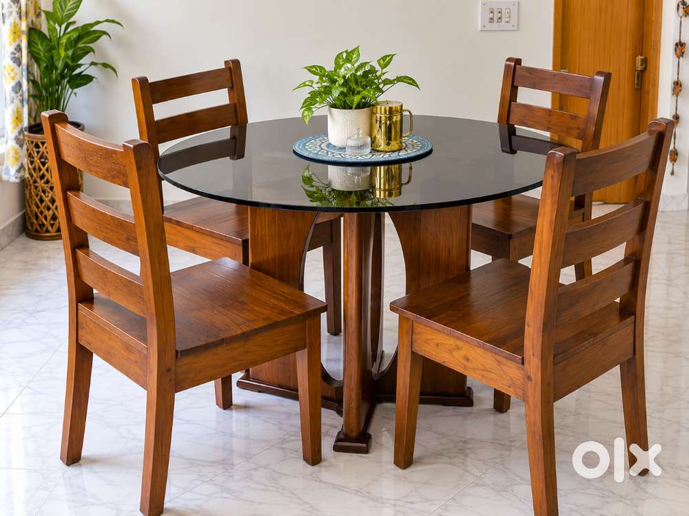 Solid Segun (Teak) Wood 4 Seater Dining Table Set, Glass Top