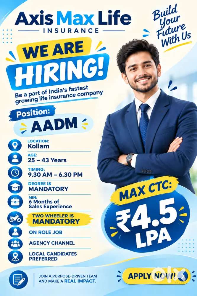 Kollam / Axis Max Life / Degree pass / Max CTC 4.5 LPA / Onrole
