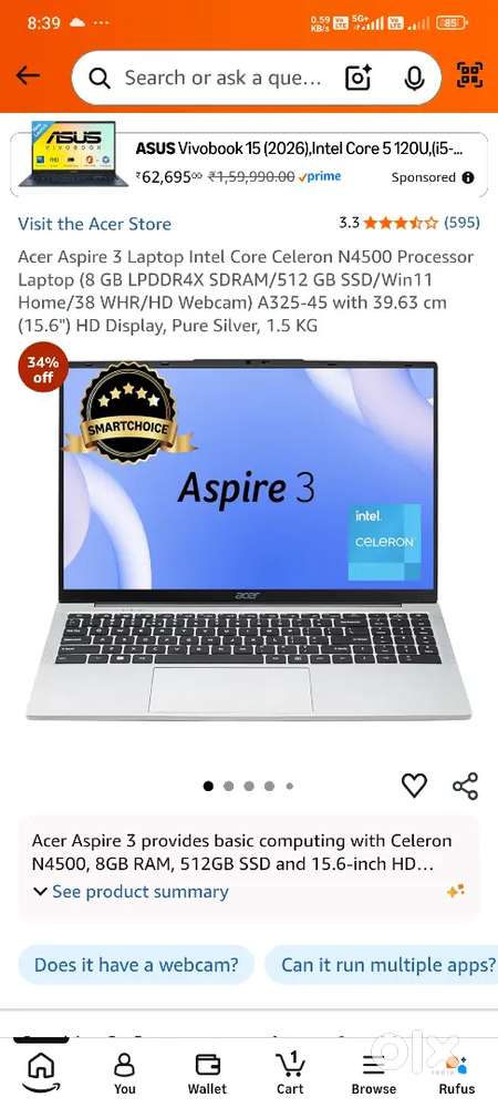 Acer Aspire 3 Laptop  Laptop 512 gb SSD  12Lpddrram