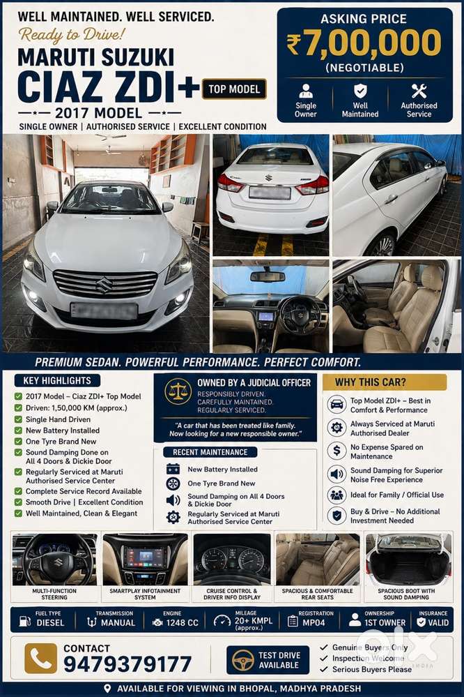 2017 Maruti Ciaz Zdi+ Top Model  Single Owner  Full Service Record