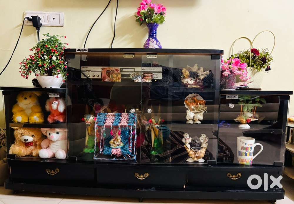Modern Black Wooden TV Unit & Display Showcase Cabinet (Glass Doors)