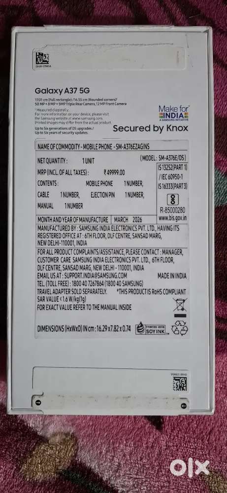 Samsung galaxy A37 5g 256 GB black color with box and bill