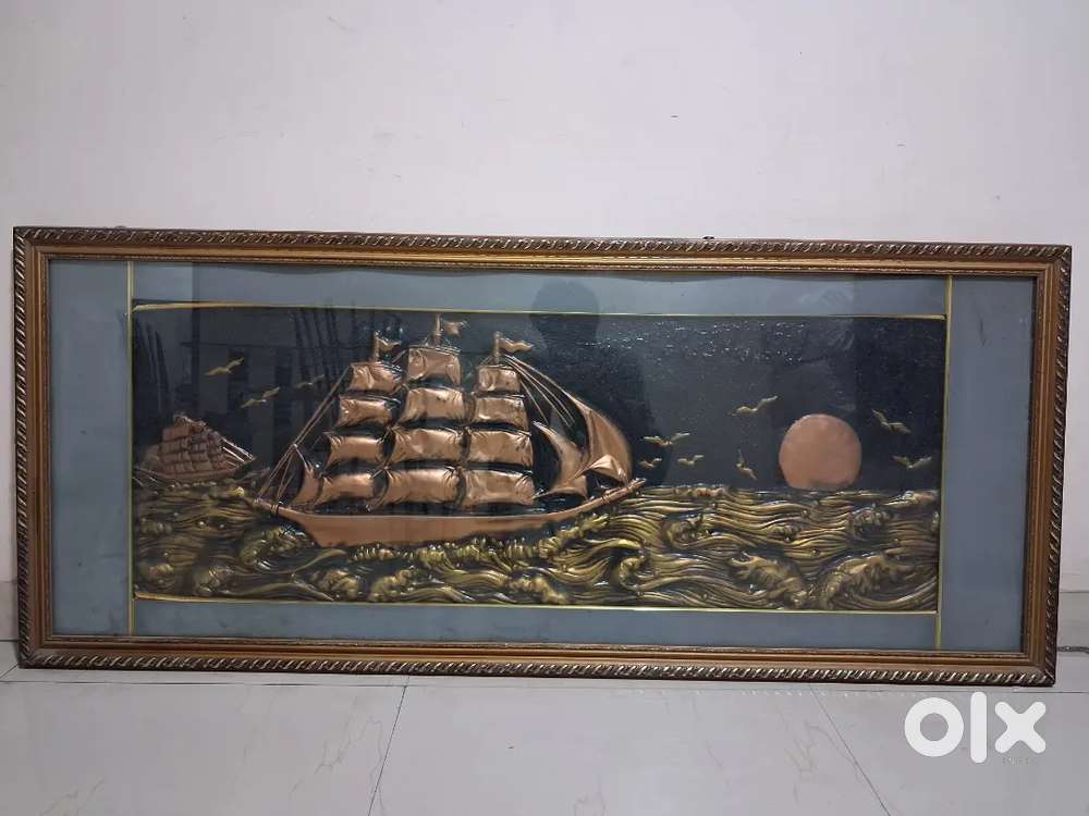 Vintage 3D Copper Relief Ship Artwork (61x26 in) - Rajasthan Antique