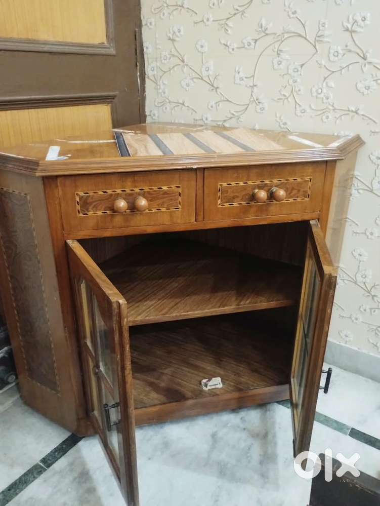 Premium Teak Ply Corner Table / Display Cabinet with Glass Doors
