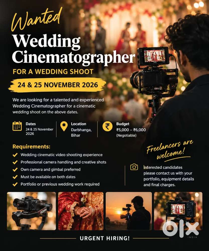 Wedding Cinematographer Required &ndash; 24 & 25 November|
