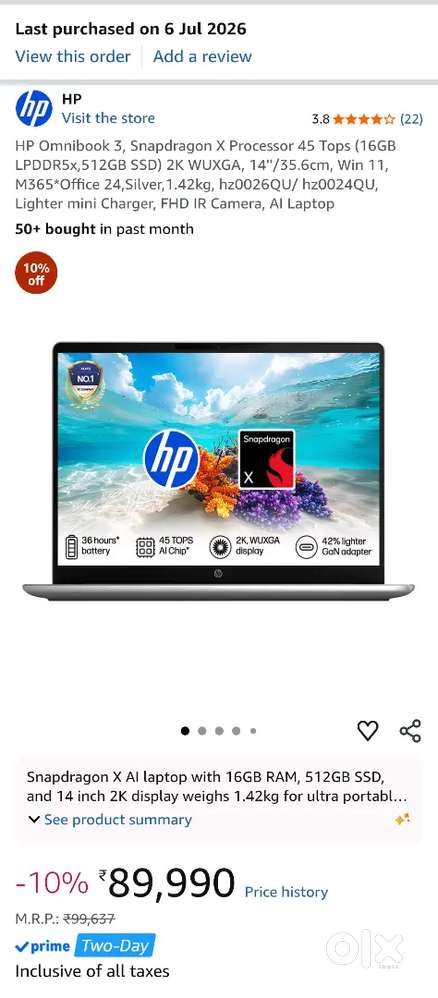 HP OMNIBOOK 3, SNAPDRAGON X  45 TOPS (16GB LPDDR5x 512GB SSD) WIN11