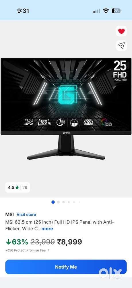 Selling MSI 25 inch Full HD Gaming monitor 180hz refresh rate, No Box