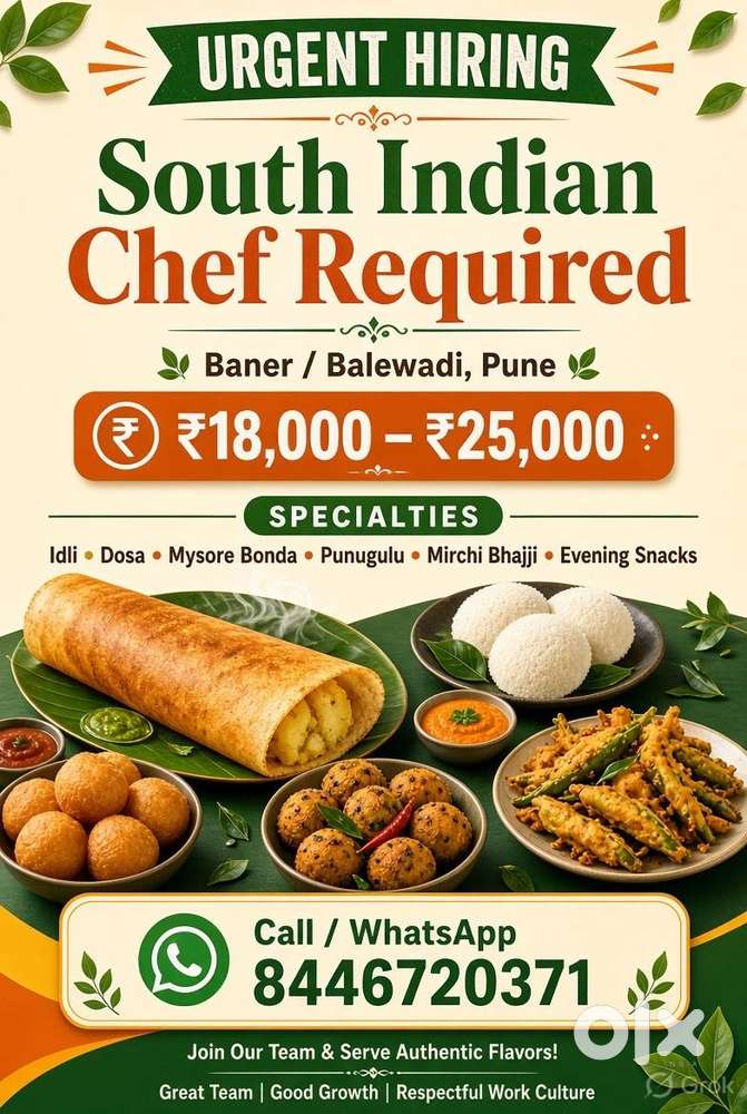 Urgent Hiring  South Indian Chef  Baner / Balewadi, Pune