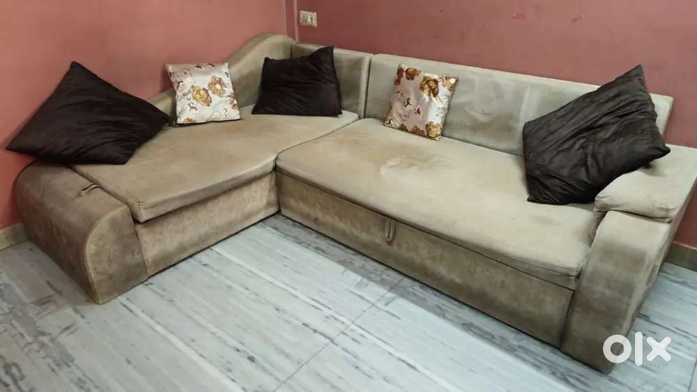 L-Shape Sofa Cum Bed  Good Condition  5-Seater  Storage + Pull-Out