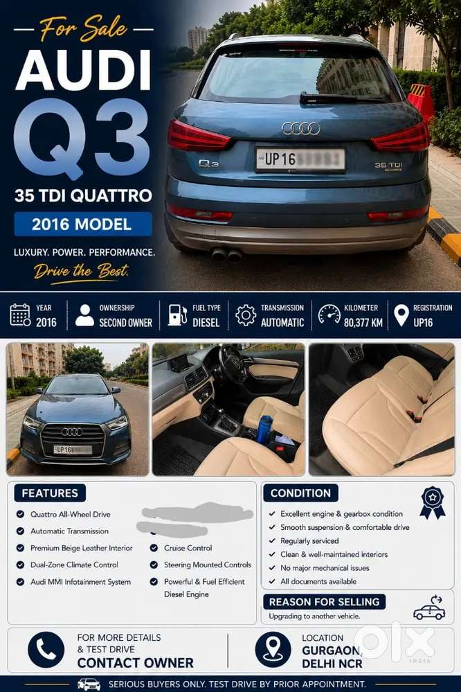 Audi Q3 Quattro, Sep'16 Registration, Excellent Condition, No Sunroof