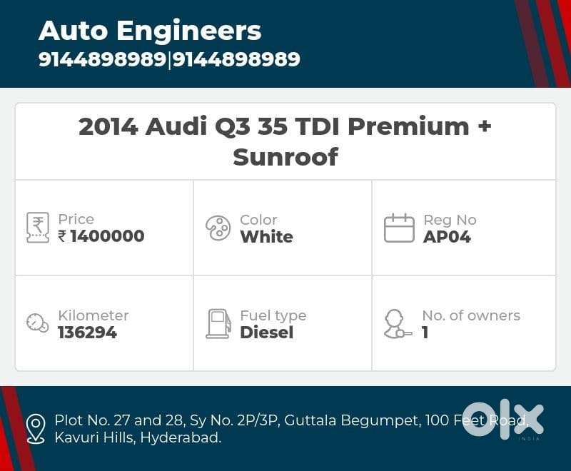 Audi Q3 2.0 35 Tdi Premium Plus Sunroof, 2014, Diesel