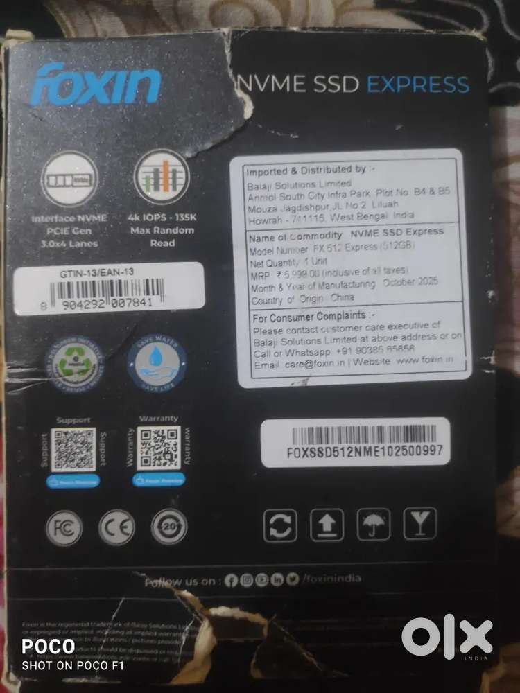 NVME M.2 SSD  FOXIN 512 GB with invoice and band warrenty