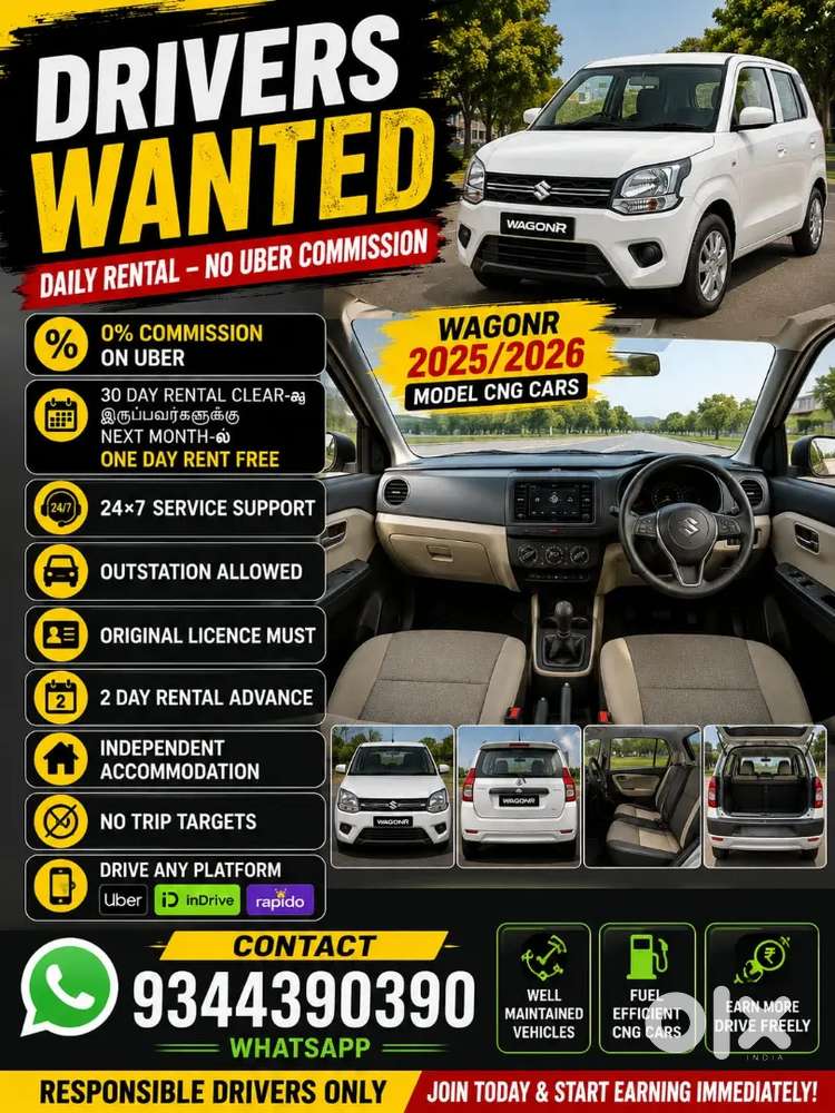 Driver Vacant Chennai Fleet, Ola, Uber,rapido Rent Available