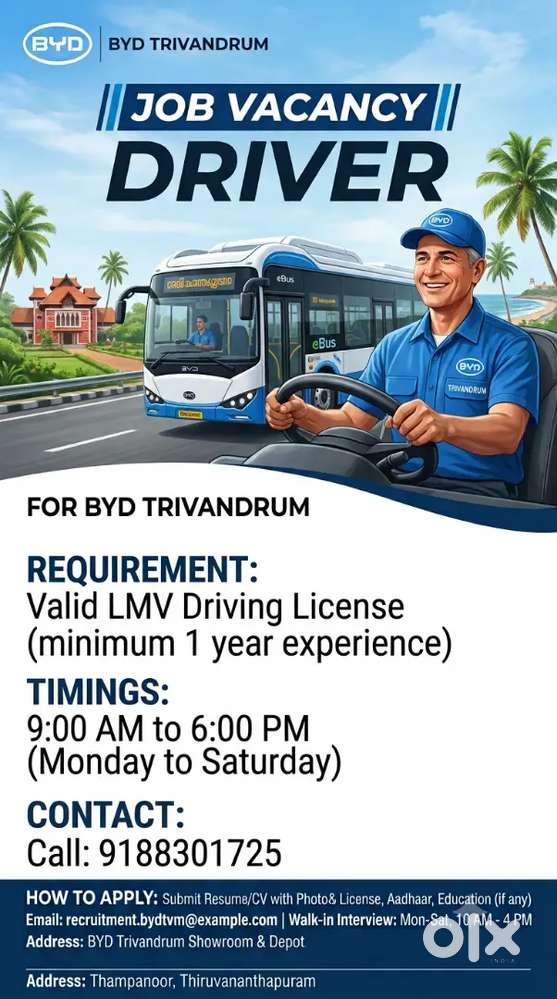 Urgently Hiring Driver at BYD (TVM)