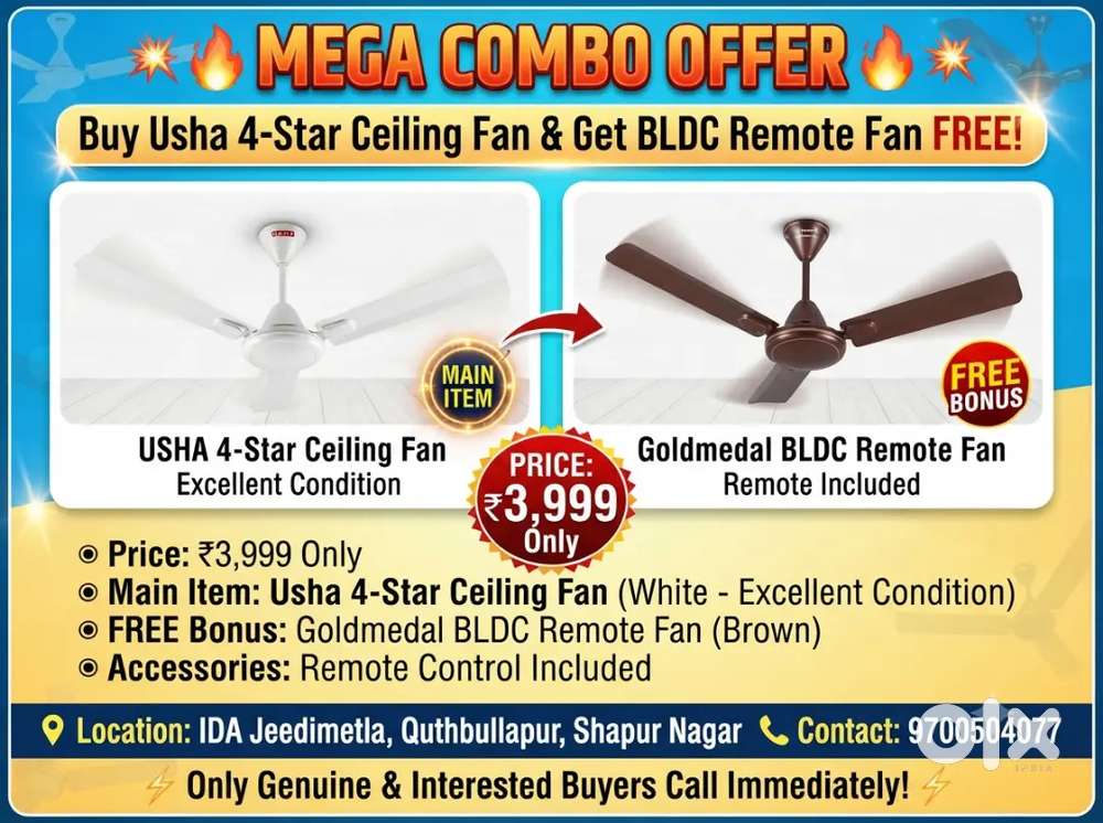 Usha 4-Star Ceiling Fan + FREE Goldmedal BLDC Remote Fan!