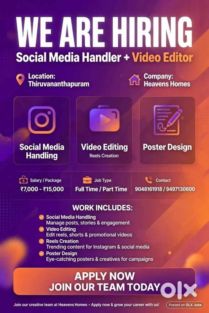 Hiring: Social Media Handler + Video Editor | Trivandrum | Fresher OK