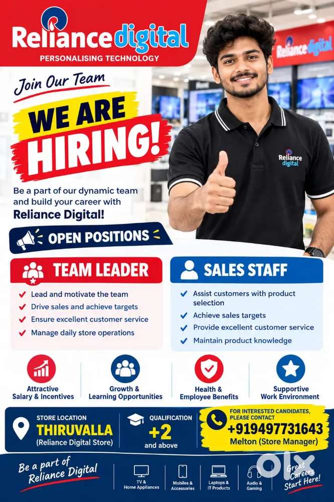 Urgent recuirement for sales Team leader  Relinace Digital Thiruvalla