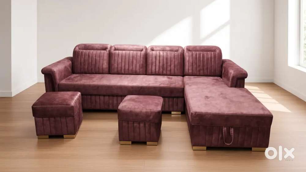 L-Shaped Velvet Sofa with 2 Ottomans and 4 square pillows