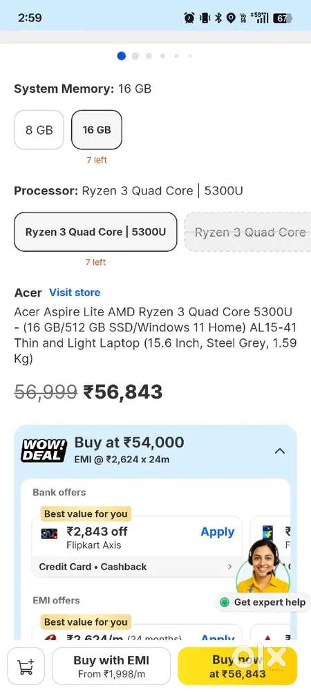Acer Aspire Lite Ryzen 3 5300U  16GB RAM  512GB SSD  Like New