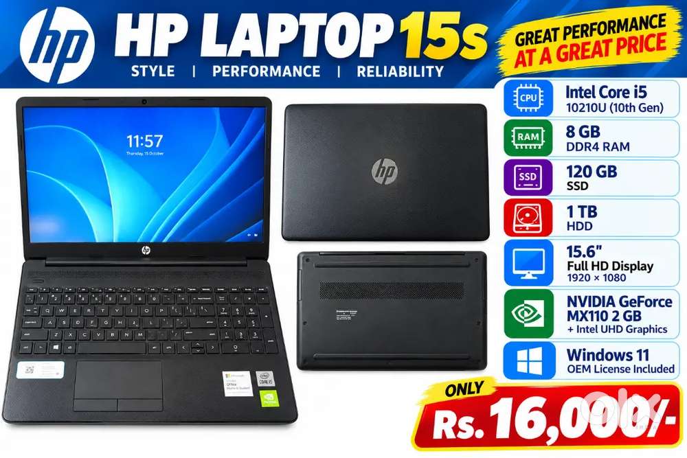 HP 15s , corei5 10thgen , 8gb Ram ,120ssd,1 tb hdd, nvidia graphics