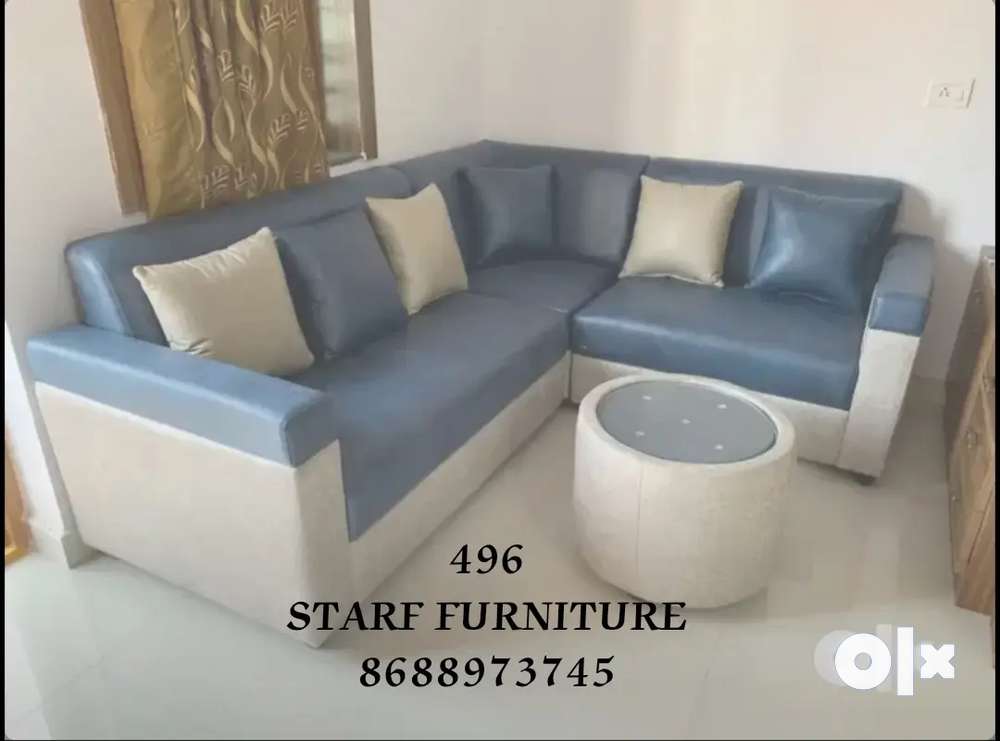 Cream and gray colour rexine L shape sofa set Sofa Dining