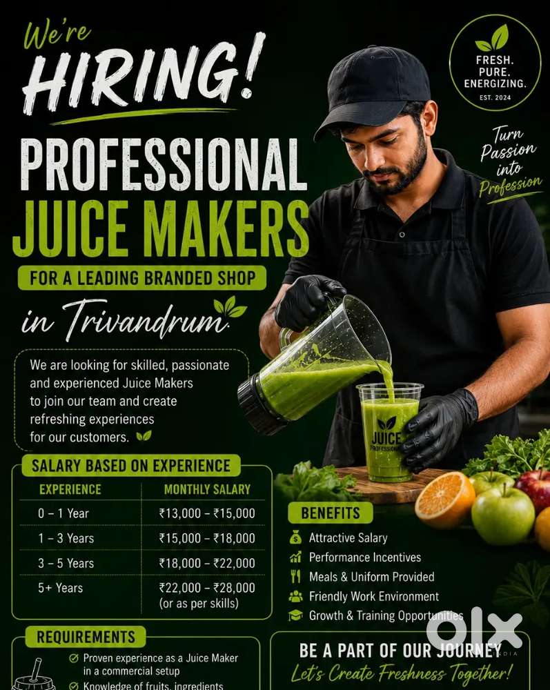 Wanted an well experienced juice maker in Trivandrum for  branded shop