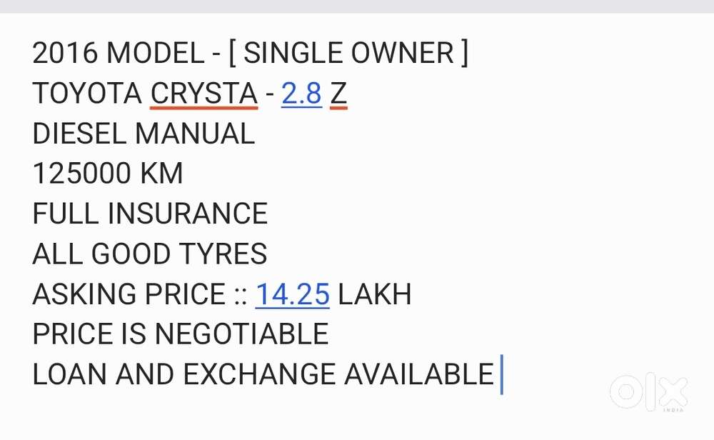 Toyota Innova Crysta 2.5z, 2016, Diesel