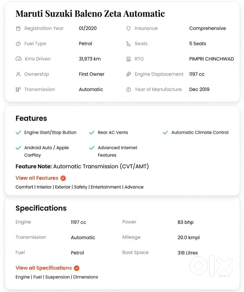 Maruti Suzuki Baleno Zeta (automatic)  2020 Registration  Low Kms